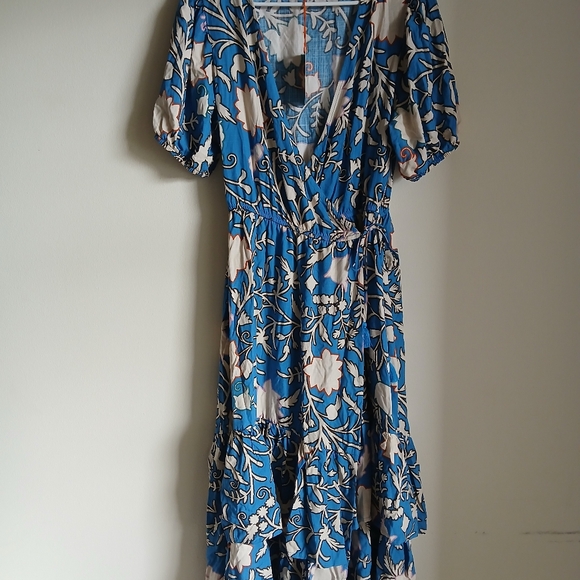 Women’s Knox Rose Blue Floral Puff Sleeve Layered Ruffle Hem Wrap Maxi Dress NWT - Picture 2 of 14